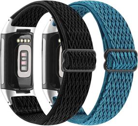 img 4 attached to 📿 2 упаковки эластичного ремешка для Fitbit Charge 5 - растяжимый мягкий нейлоновый спортивный заменяемый браслет (черно-синий)