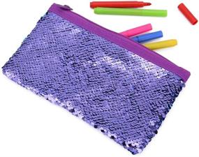img 1 attached to Shimmering Purple Glitter Reversible Sequin Pencil Case: Cute Kids & Women's Cosmetic Makeup Organizer Bag