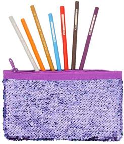 img 3 attached to Shimmering Purple Glitter Reversible Sequin Pencil Case: Cute Kids & Women's Cosmetic Makeup Organizer Bag