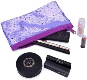 img 2 attached to Shimmering Purple Glitter Reversible Sequin Pencil Case: Cute Kids & Women's Cosmetic Makeup Organizer Bag