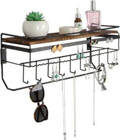 img 4 attached to 🎀 JackCubeDesign Hanging Jewelry Organizer - Wall Mount Necklace Earring Bracelet Sunglass Holder with Torched Wood Shelf and 9 Hooks (Black Metal) - MK237C