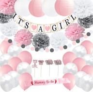 🎀 baby girl shower decor set: it's a girl banner, party lanterns, pink white & silver flower pom poms, mommy to be sash, balloons all-in-one, circle garland, cupcake toppers - complete ready-to-use package logo
