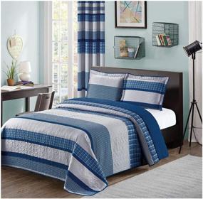 img 4 attached to All American Collection Blue and Gray Plaid Twin Bedspread Set with Pillow Sham - Complete your Bedroom with Matching Curtains
