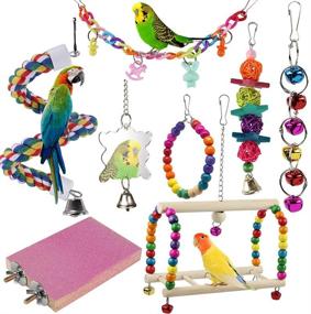 img 4 attached to Colorful Wooden Beads and Bells Parrot Swing Toy for Small Parakeets, Cockatiels, Conures, Macaws and More