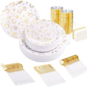 img 4 attached to 🍽️ Premium THALIA Gold Plastic Dinnerware Set for Thanksgiving - 175pcs, Serves 25 Guests