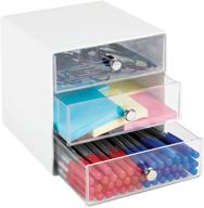 📦 mdesign 3-drawer cube storage organizer for home office supplies - desktop organization for gel pens, pencils, markers, tape, erasers, paperclips, chargers - white/clear logo