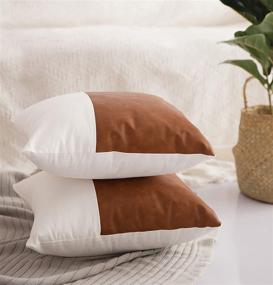 img 1 attached to 🛋️ HOMFINER Cognac Brown and White Decorative Pillow Covers - Set of 2 | Elegant Faux Leather and 100% Cotton Modern Accent Cushion Cases for Couch, Bed, Sofa | 18 x 18 inch Square | Bedroom Living Room Decor