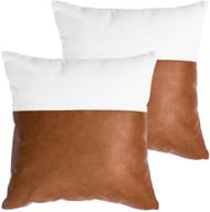 🛋️ homfiner cognac brown and white decorative pillow covers - set of 2 | elegant faux leather and 100% cotton modern accent cushion cases for couch, bed, sofa | 18 x 18 inch square | bedroom living room decor логотип