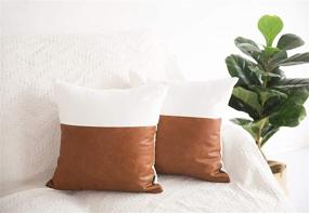 img 3 attached to 🛋️ HOMFINER Cognac Brown and White Decorative Pillow Covers - Set of 2 | Elegant Faux Leather and 100% Cotton Modern Accent Cushion Cases for Couch, Bed, Sofa | 18 x 18 inch Square | Bedroom Living Room Decor