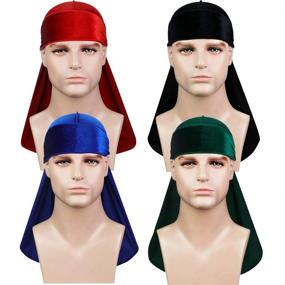 img 3 attached to Samserot Set of 4 Men's Velvet Durags with Long Tail Silky Headwraps for Enhanced 360 Wave Hairstyles - Black, Red, Blue, Green - One Size