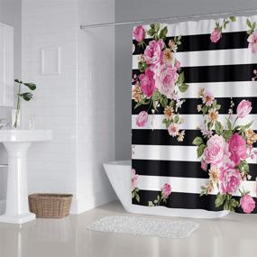 img 3 attached to 🌸 Floral Bath Decor Set: 4-Piece Pink Flower Shower Curtain, Non-Slip Rug, Toilet Lid Cover with Black and White Stripe Design – Durable Waterproof Shower Curtains 72"x 72" with 12 Hooks for Bathroom