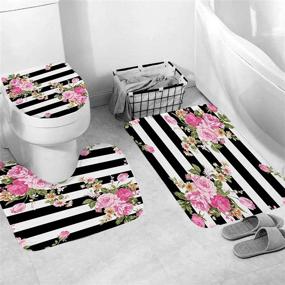 img 2 attached to 🌸 Floral Bath Decor Set: 4-Piece Pink Flower Shower Curtain, Non-Slip Rug, Toilet Lid Cover with Black and White Stripe Design – Durable Waterproof Shower Curtains 72"x 72" with 12 Hooks for Bathroom