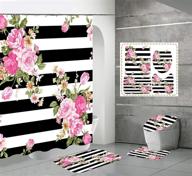 🌸 floral bath decor set: 4-piece pink flower shower curtain, non-slip rug, toilet lid cover with black and white stripe design – durable waterproof shower curtains 72"x 72" with 12 hooks for bathroom logo