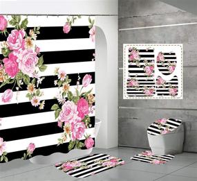 img 4 attached to 🌸 Floral Bath Decor Set: 4-Piece Pink Flower Shower Curtain, Non-Slip Rug, Toilet Lid Cover with Black and White Stripe Design – Durable Waterproof Shower Curtains 72"x 72" with 12 Hooks for Bathroom