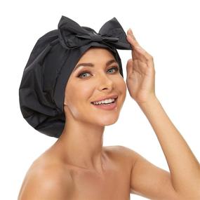 img 3 attached to Aibilye Extra Large Black Shower Cap for Long Hair: Reusable, Waterproof, and Adjustable for All Hair Lengths