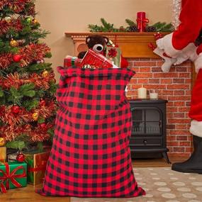 img 1 attached to 🎅 2-Pack Extra Large Christmas Buffalo Plaid Santa Sack with Drawstring - 28" x 20" Xmas Canvas Heavy Duty Storage Bag Personalized Laundry Basket for Stocking Stuffers & Presents (Red & Black)