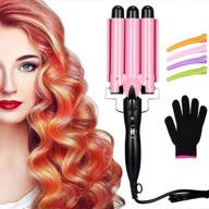 3 barrel curling iron wand set – hair waver iron, hair crimper with clips and glove - pink logo