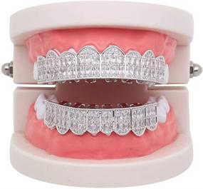 img 2 attached to 💎 LuReen Gold Teeth Grillz Square Pave CZ 8 Teeth - Top Bottom Grillz with Diamonds for Men and Women, including 2 Extra Molding Bars