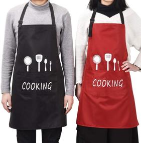 img 2 attached to 🍽️ Waterproof Red and Black Kitchen Aprons, 2 Pack Couple Cooking Aprons with Pockets for Women and Men - Ideal for BBQ
