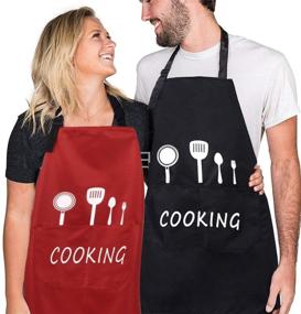 img 3 attached to 🍽️ Waterproof Red and Black Kitchen Aprons, 2 Pack Couple Cooking Aprons with Pockets for Women and Men - Ideal for BBQ
