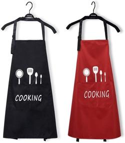 img 4 attached to 🍽️ Waterproof Red and Black Kitchen Aprons, 2 Pack Couple Cooking Aprons with Pockets for Women and Men - Ideal for BBQ
