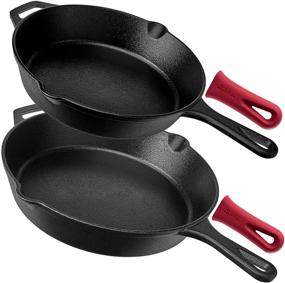 img 4 attached to 🍳 Premium Pre-Seasoned Cast Iron Skillet Set: 10-Inch and 12-Inch 2-Piece Bundle for Oven Safe Cooking - Complete with Heat-Resistant Holders - Perfect for Indoor and Outdoor Use on Grill, Stovetop, and Induction