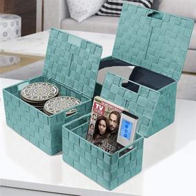 img 3 attached to 📦 Sorbus Aqua Storage Box – 3 Pack of Lid Bins, Stackable Woven Baskets with Carry Handles, Cube Organizer Set, Woven Strap Shelf Container for Enhanced Storage Efficiency