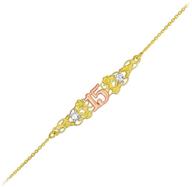 💃 14k tri-color gold sweet 15 anos quinceanera bracelet, 7 inches with extension logo