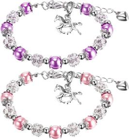 img 4 attached to 🎠 Girls Horse Beaded Bracelet Crystal Charm Handmade Bangle Set of 2 with Gift Box - Enhanced SEO