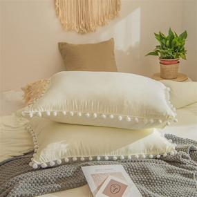 img 4 attached to Soft Washed Microfiber Beige Queen Pillowcases - Set of 2, Light Beige Pom Poms, Fringe Pillow Shams - Standard/Queen Size, 2 Pack