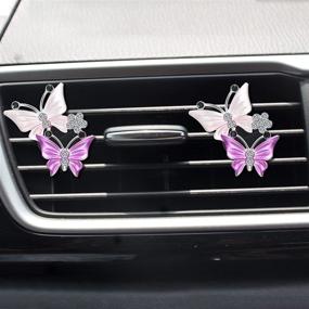 img 2 attached to 🦋 Delicate Color Car Bling Accessories Set: Frienda 7-Piece Butterfly Vent Clips, Coasters, Rear View Mirror Rhinestone Ball Ornament, Bling Rings Emblem Stickers for Women