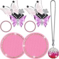 🦋 delicate color car bling accessories set: frienda 7-piece butterfly vent clips, coasters, rear view mirror rhinestone ball ornament, bling rings emblem stickers for women logo