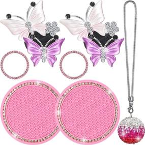 img 4 attached to 🦋 Delicate Color Car Bling Accessories Set: Frienda 7-Piece Butterfly Vent Clips, Coasters, Rear View Mirror Rhinestone Ball Ornament, Bling Rings Emblem Stickers for Women