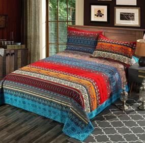 img 2 attached to 🛏️ Bohemian Exotic Queen Size Bedding Sets - 4-Piece Striped Comforter Cover with Brushed Cotton Flat Sheet, No Comforter Included (Queen Flat Sheet Sets)