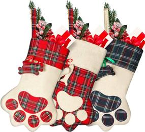 img 4 attached to 🎄 Syhood 3-Pack 18 Inch Christmas Plaid Stockings with Pet Paw Design – Fireplace Hanging Decorations