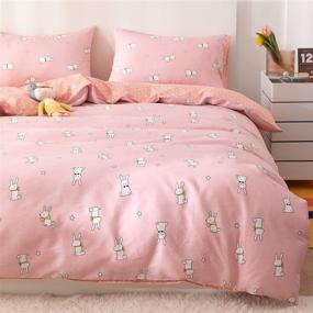 img 4 attached to 🐇 Lay Enjoy Rabbit Twin Duvet Cover Set - 100% Cotton Bedding, Cartoon White Bunny & Star Print on Pink, 1 Animal Comforter Cover with Zipper Ties + 2 Pillowcases, for Kids, Teens, Boys & Girls