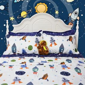 img 4 attached to 🚀 Brandream Galaxy Rockets Space Bedding Set for Kids - Soft Cotton Bed Sheet Set for Boys - Queen Size with Flat Sheet, Fitted Sheet, and Pillowcase