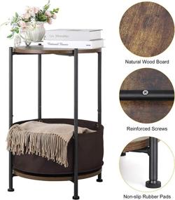 img 2 attached to Vintage Industrial Round End Table with 2 Tier Wood Nightstand and Fabric Storage Basket - Rustic Brown