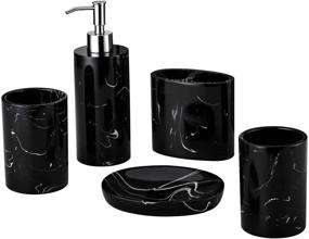 img 4 attached to 🛁 JINCROP Black Marble Pattern Resin Bathroom Accessories Set - Soap Dispenser, Toothbrush Holder, 2 Tumbler Cup, Soap Dish - Complete Bathroom Counter Accessory Set