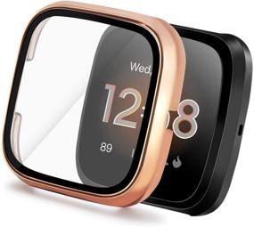 img 4 attached to Yolovie Совместимый Чехол для Fitbit Versa с защитным стеклом тонким по толщине, высокой четкости, узким бампером, прочной рамкой из поликарбоната, защитой от пузырей (Versa розовое золото)