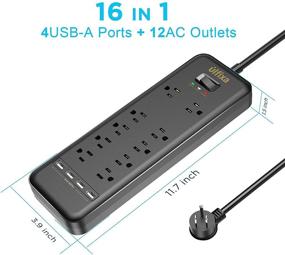 img 2 attached to ⚡️ Усиленный защитный удлинитель сетевого шнура - 10 розеток & 4 USB-порта, плоские неблокирующие штырьки, 6-футовый кабель, мощность 1875 Вт/15А, защита от скачков напряжения 2100 джоулей - идеально для дома и офиса, сертифицирован по ETL.