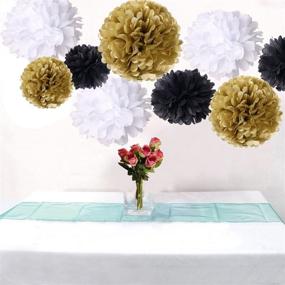img 3 attached to 🎉 Gold Black White New Year's Party Decor Kit - Tissue Paper Pom Poms, Flower Paper Lanterns, Hanging Decorations - Ideal for Birthday, Black Gold Themed Decor - Party Favor