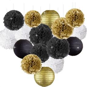 img 4 attached to 🎉 Gold Black White New Year's Party Decor Kit - Tissue Paper Pom Poms, Flower Paper Lanterns, Hanging Decorations - Ideal for Birthday, Black Gold Themed Decor - Party Favor