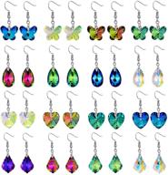 💎 stylish crystal earring set - 16 pairs of colorful dangles for women and girls: butterfly, heart, teardrop shapes logo