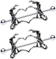 💀 stylish skeleton heart nipple ring set: 14g 1 1/2" stainless steel 2-piece dangle piercing for women logo