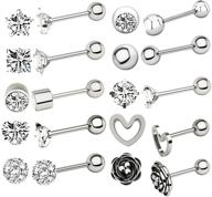 set of 10 pairs 16g surgical stainless steel cubic zirconia stud cartilage earrings with screw backs – ideal for ear cartilage helix, huggie, tragus, auricle – adorable love heart and flower barbell piercing set in 4mm logo