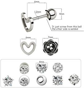 img 3 attached to Set of 10 Pairs 16g Surgical Stainless Steel Cubic Zirconia Stud Cartilage Earrings with Screw Backs – Ideal for Ear Cartilage Helix, Huggie, Tragus, Auricle – Adorable Love Heart and Flower Barbell Piercing Set in 4mm