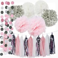 🎉 baby girl's 1st birthday party decorations: pink grey tissue pom poms, garlands & frozen elephants! logo