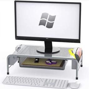 img 4 attached to 🖥️ Silver Metal Desk Monitor Stand Riser with Organizer Drawer - SimpleHouseware