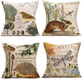 img 4 attached to 🦔 Animal-Themed Throw Pillow Covers: Rabbit, Hedgehog, Bird, Butterfly - Set of 4 Decorative Pillowcases for Home Couch Decor - 18" x 18" Cotton Linen Cushion Covers (Adorable Animals)